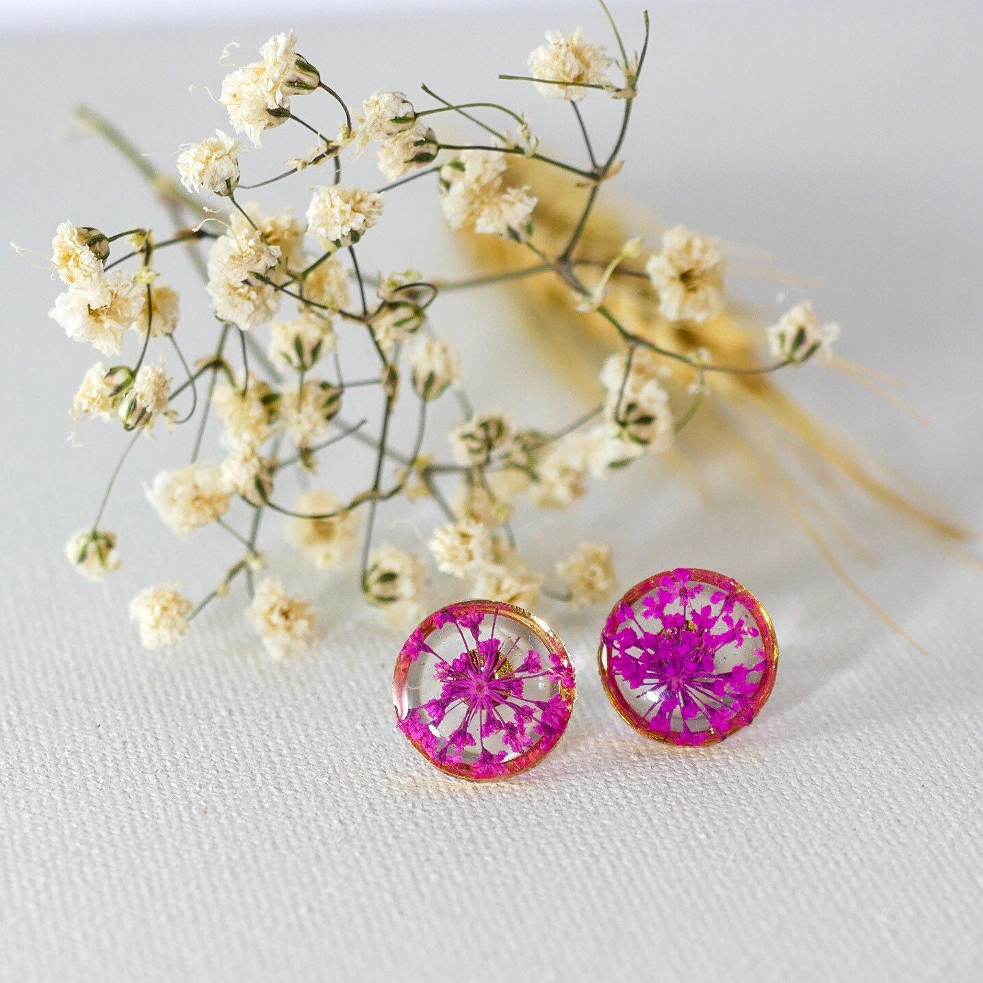 Queen Anne's Lace Earrings: Pink Pressed Flowers (Dainty Resin Studs)