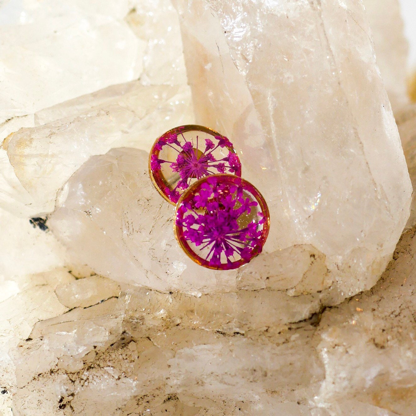 Pink Queen Anne's Lace stud earrings, Pressed flower jewelry, dainty flower studs, Botanical jewelry