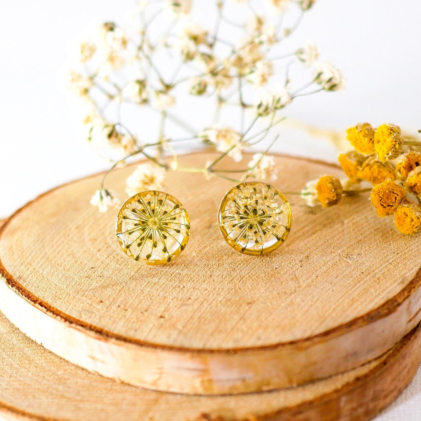 White Queen Anne's Lace stud earrings, Pressed flower jewelry, dainty flower studs, Botanical jewelry