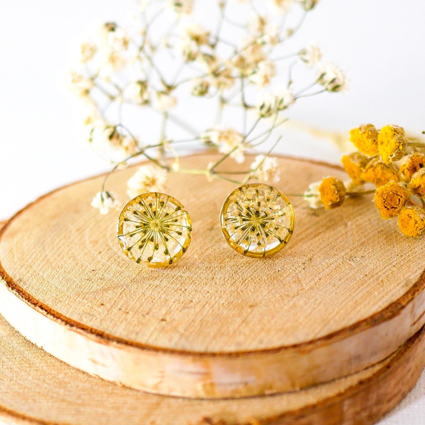 Queen Anne's Lace Stud Earrings - Dainty Pressed Flower Jewelry