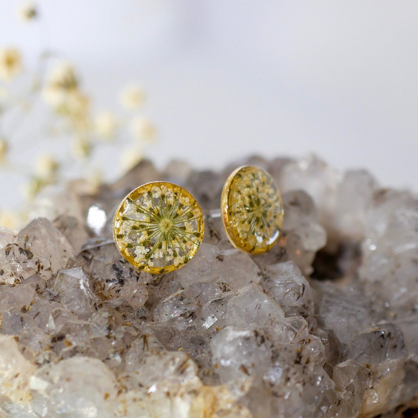 White Queen Anne's Lace stud earrings, Pressed flower jewelry, dainty flower studs, Botanical jewelry