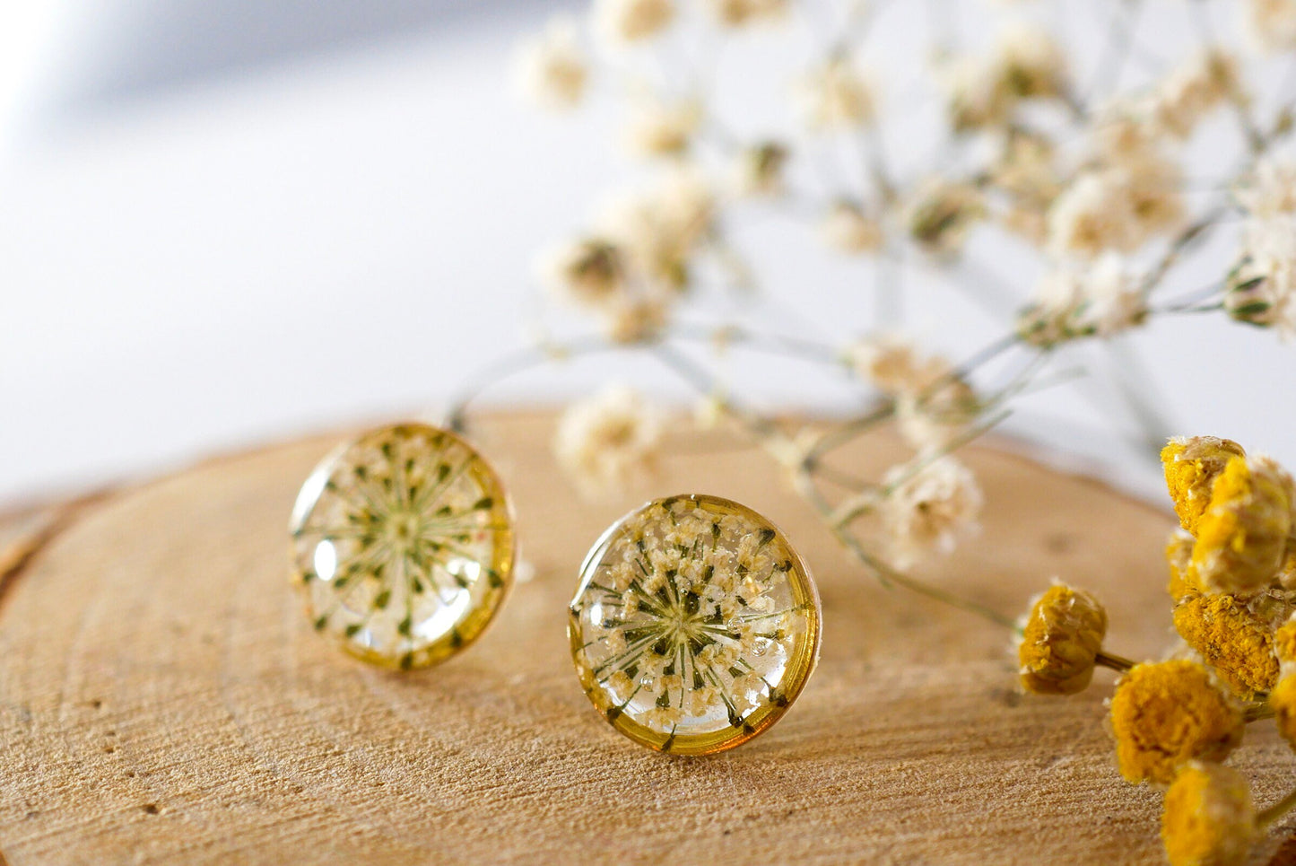 White Queen Anne's Lace stud earrings, Pressed flower jewelry, dainty flower studs, Botanical jewelry