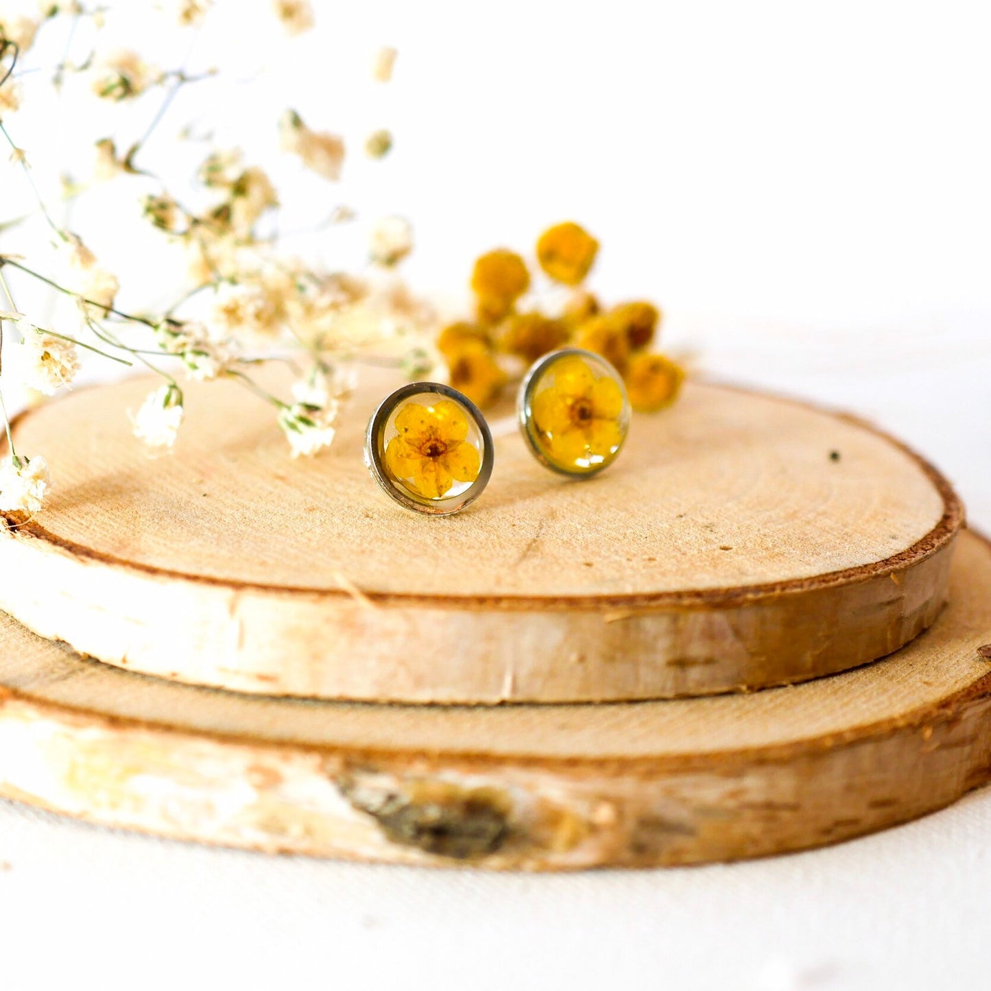 Yellow pressed flower earrings, botanical stud earrings, Pressed flower jewelry, bridal terrarium earrings