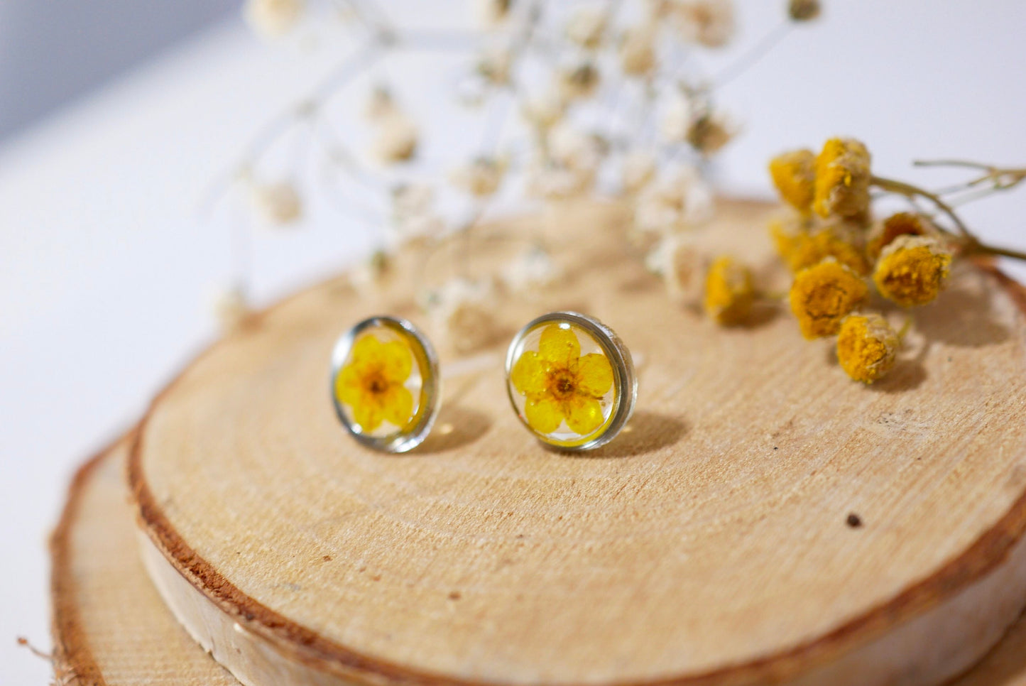 Yellow pressed flower earrings, botanical stud earrings, Pressed flower jewelry, bridal terrarium earrings