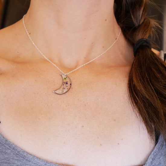Colorful Pressed Baby’s Breath Moon Pendant Necklace – Sterling Silver or Gold-Filled with Hand-Dyed Flowers in Resin