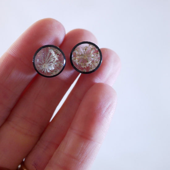 Queen Annes Lace Stud earrings, Black and white flower earrings, bridal jewelry, real flowers jewelry