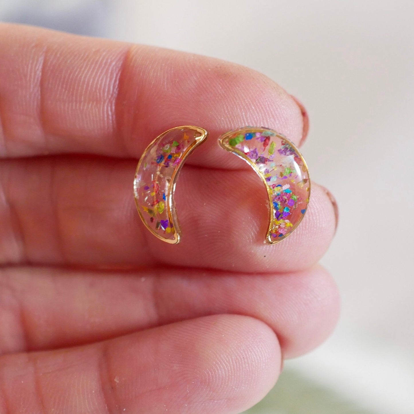 Tiny Gold Moon Studs, Pressed flower moon earrings, Celestial earrings, Dainty gold Crescent moon earrings, Real flower confetti