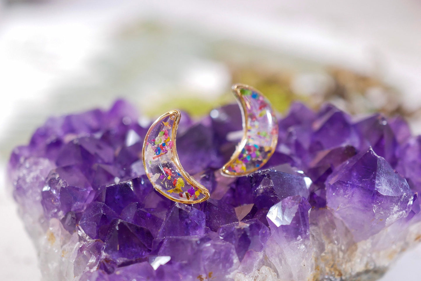 Pressed Flower Moon Earrings: Celestial Dainty Studs (Gold)