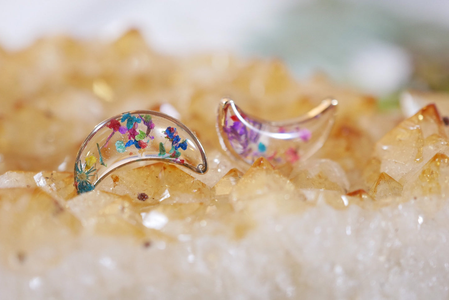 Tiny Gold Moon Studs, Pressed flower moon earrings, Celestial earrings, Dainty gold Crescent moon earrings, Real flower confetti