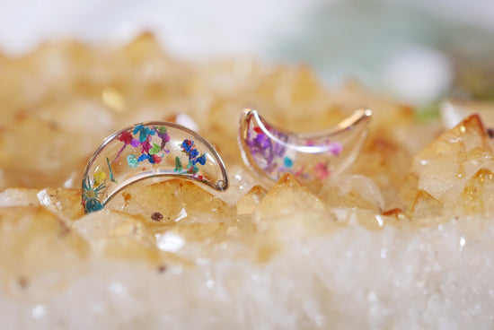 Tiny Gold Moon Studs, Pressed flower moon earrings, Celestial earrings, Dainty gold Crescent moon earrings, Real flower confetti