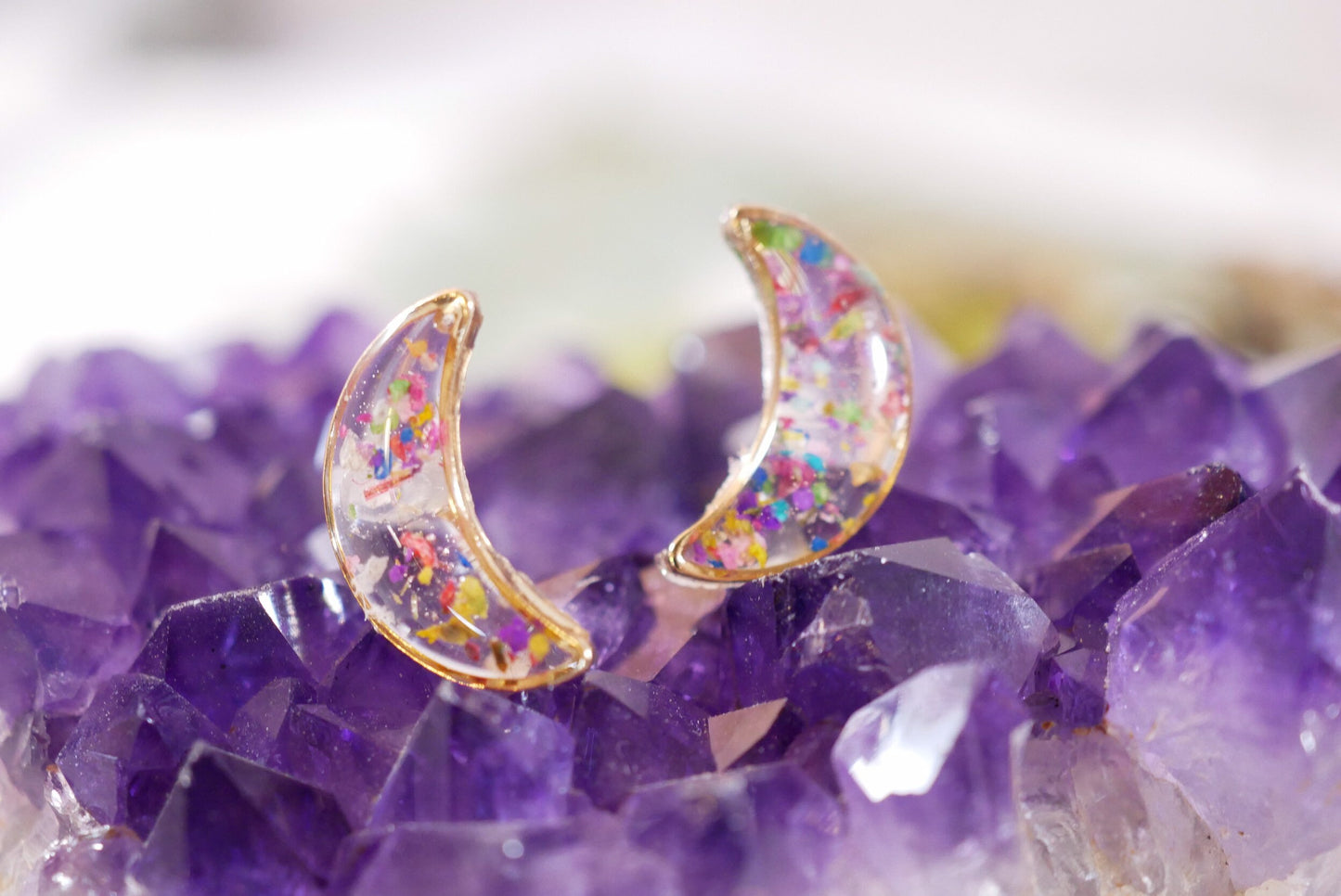 Pressed Flower Moon Earrings: Celestial Dainty Studs (Gold)