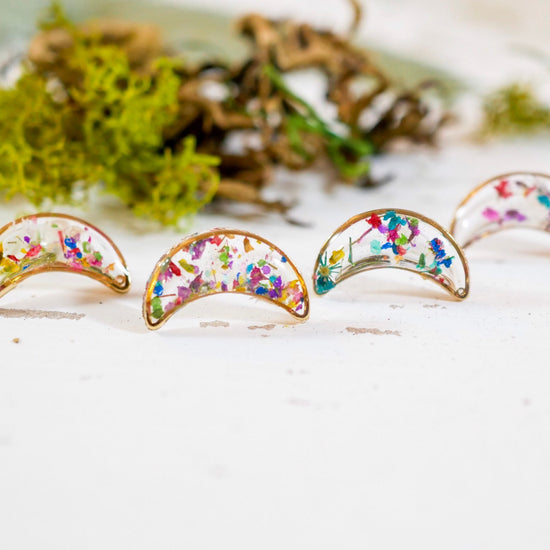 Tiny Gold Moon Studs, Pressed flower moon earrings, Celestial earrings, Dainty gold Crescent moon earrings, Real flower confetti