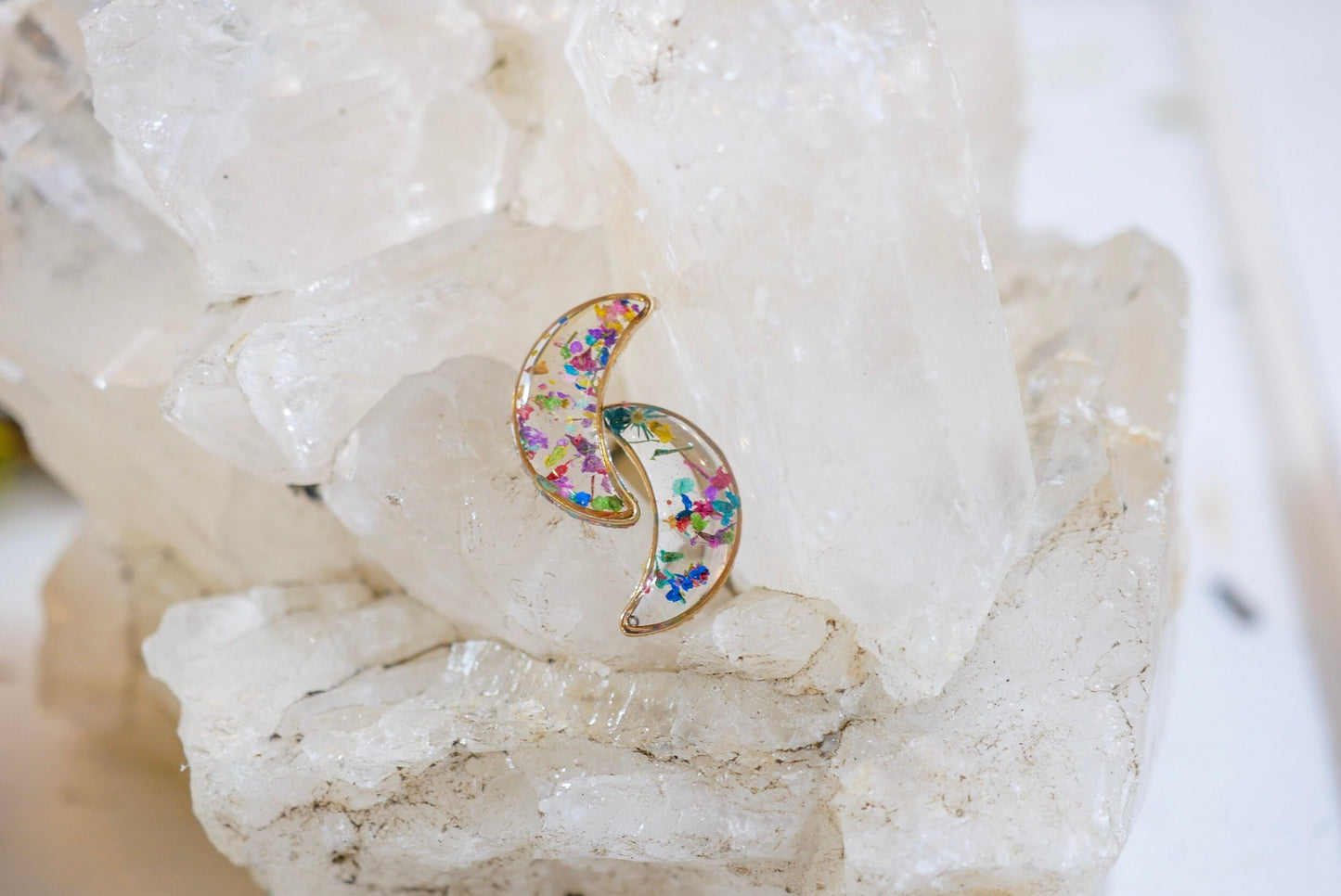 Tiny Gold Moon Studs, Pressed flower moon earrings, Celestial earrings, Dainty gold Crescent moon earrings, Real flower confetti