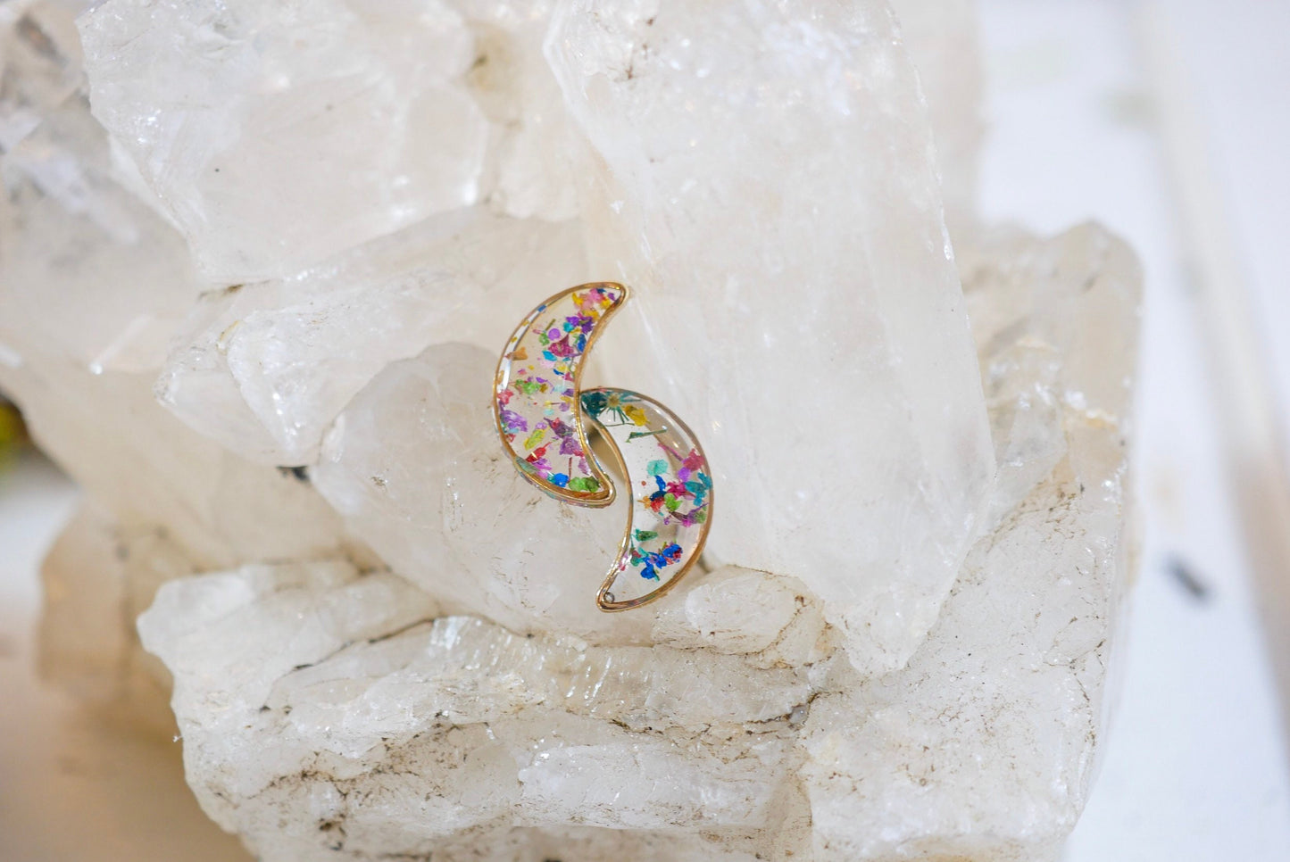 Pressed Flower Moon Earrings: Celestial Dainty Studs (Gold)