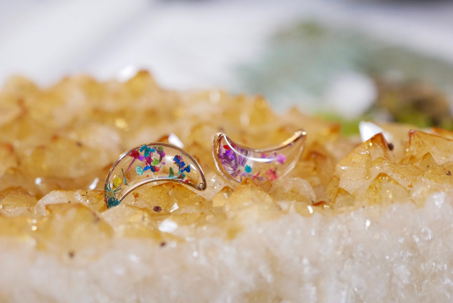 Pressed Flower Moon Earrings: Celestial Dainty Studs (Gold)
