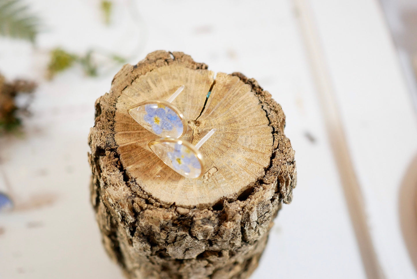 Dainty pressed flower studs, tiny teardrop forget me not stud earrings