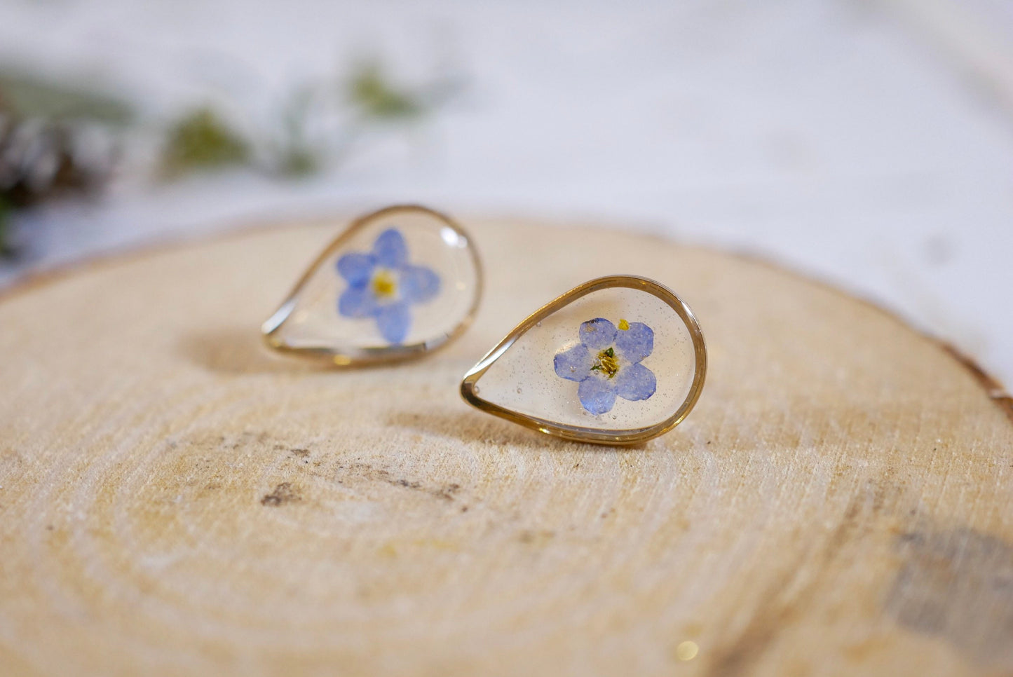 Dainty pressed flower studs, tiny teardrop forget me not stud earrings