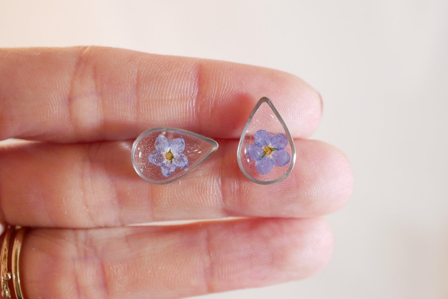 Dainty pressed flower studs, tiny teardrop forget me not stud earrings