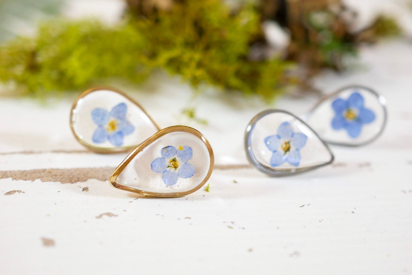 Dainty pressed flower studs, tiny teardrop forget me not stud earrings