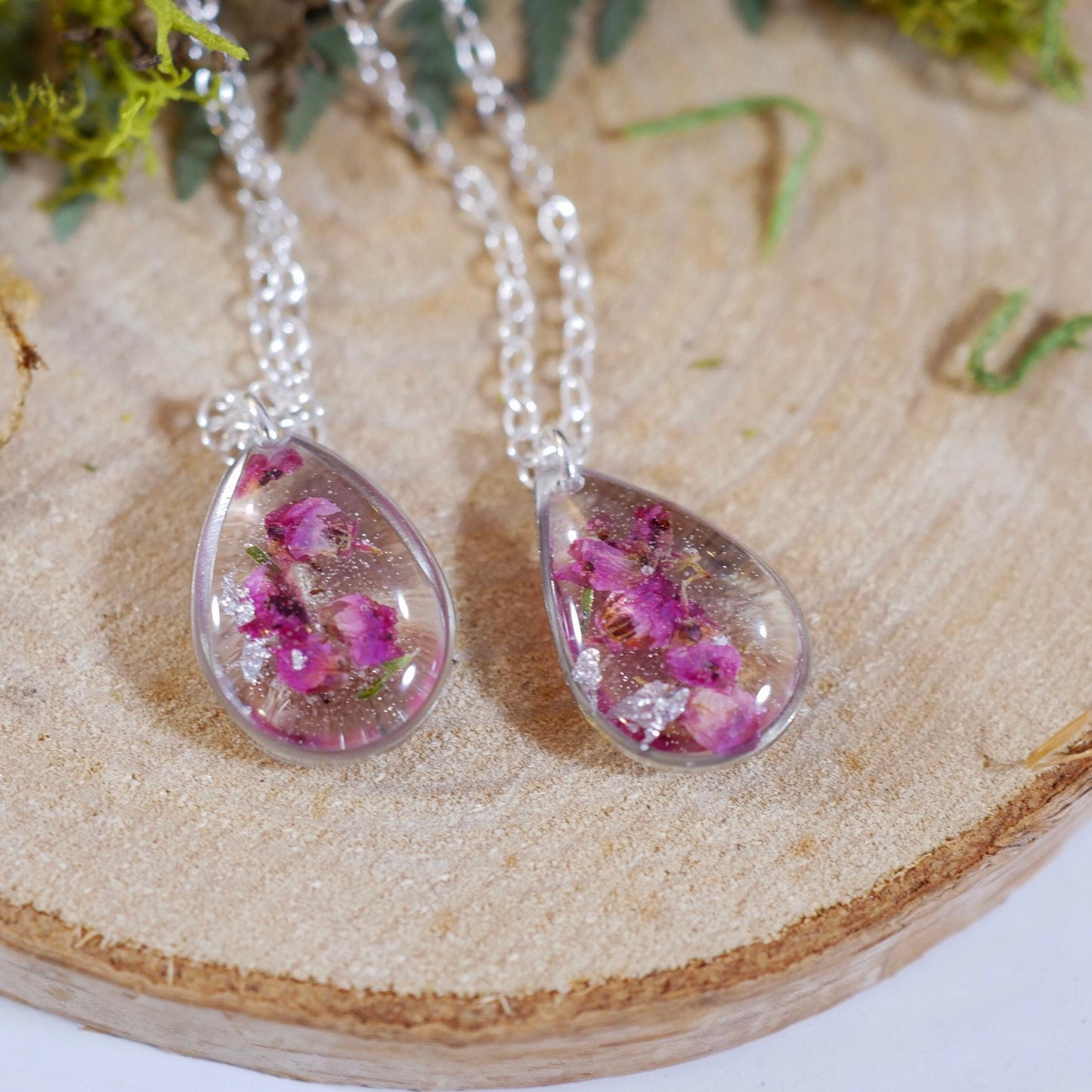 Tiny heather Teardrop Necklace, Botanical necklace, Pressed flowers jewelry, Dainty real flower necklace