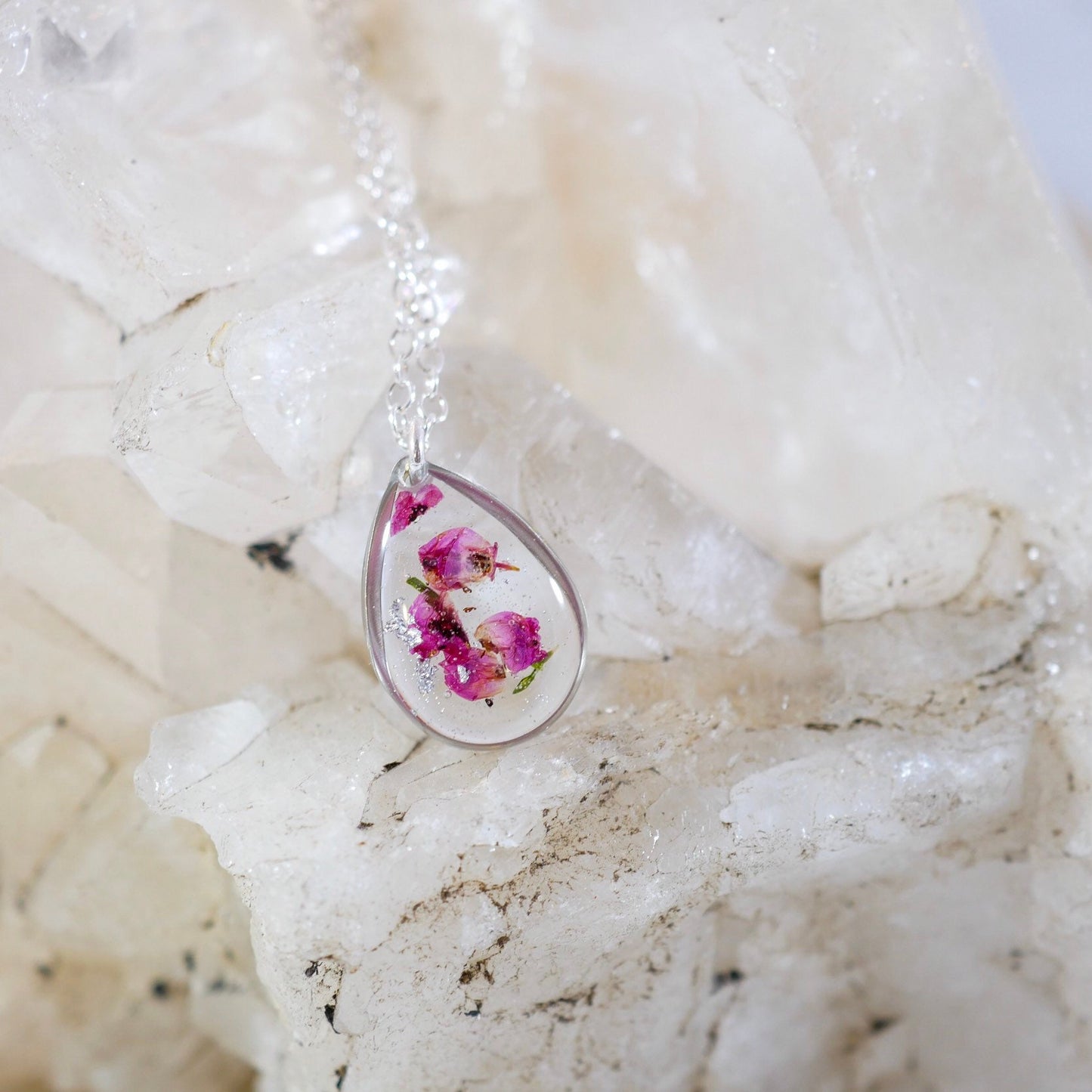 Tiny heather Teardrop Necklace, Botanical necklace, Pressed flowers jewelry, Dainty real flower necklace