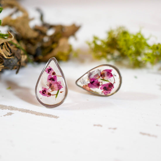Pressed Heather teardrop studs, Real flower earrings, teardrop stud earrings, dainty flower jewelry