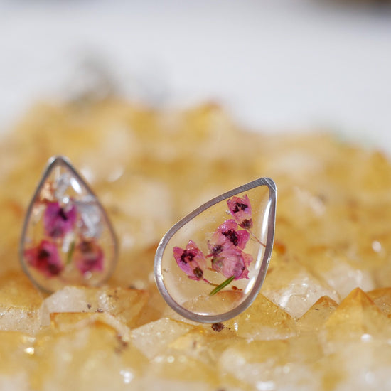 Pressed Heather teardrop studs, Real flower earrings, teardrop stud earrings, dainty flower jewelry