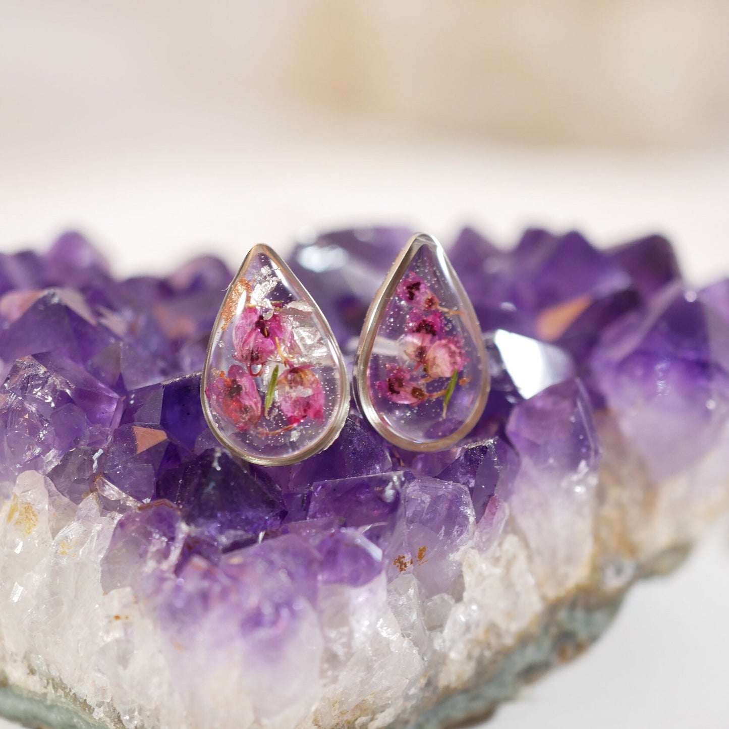 Pressed Heather teardrop studs, Real flower earrings, teardrop stud earrings, dainty flower jewelry