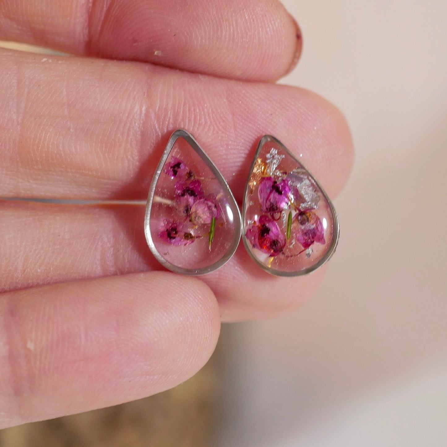 Pressed Heather teardrop studs, Real flower earrings, teardrop stud earrings, dainty flower jewelry