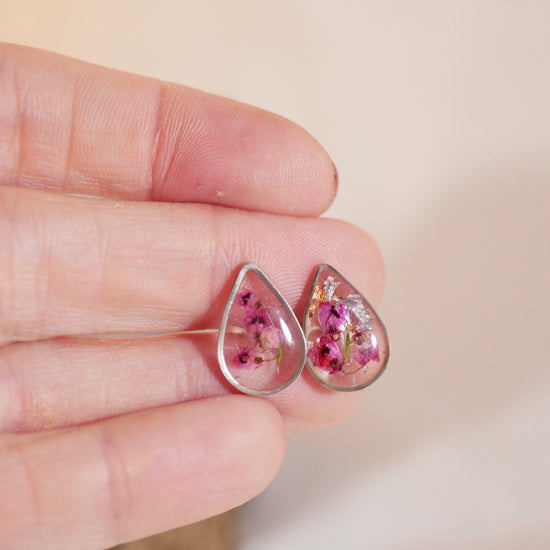 Pressed Heather teardrop studs, Real flower earrings, teardrop stud earrings, dainty flower jewelry