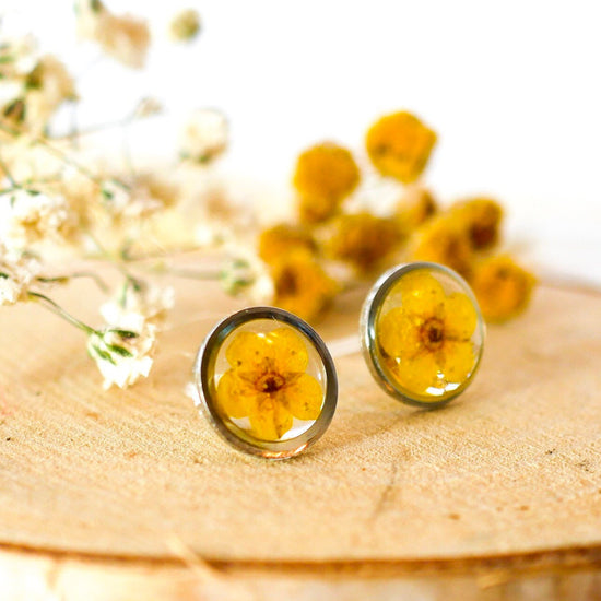Yellow pressed flower earrings, botanical stud earrings, Pressed flower jewelry, bridal terrarium earrings