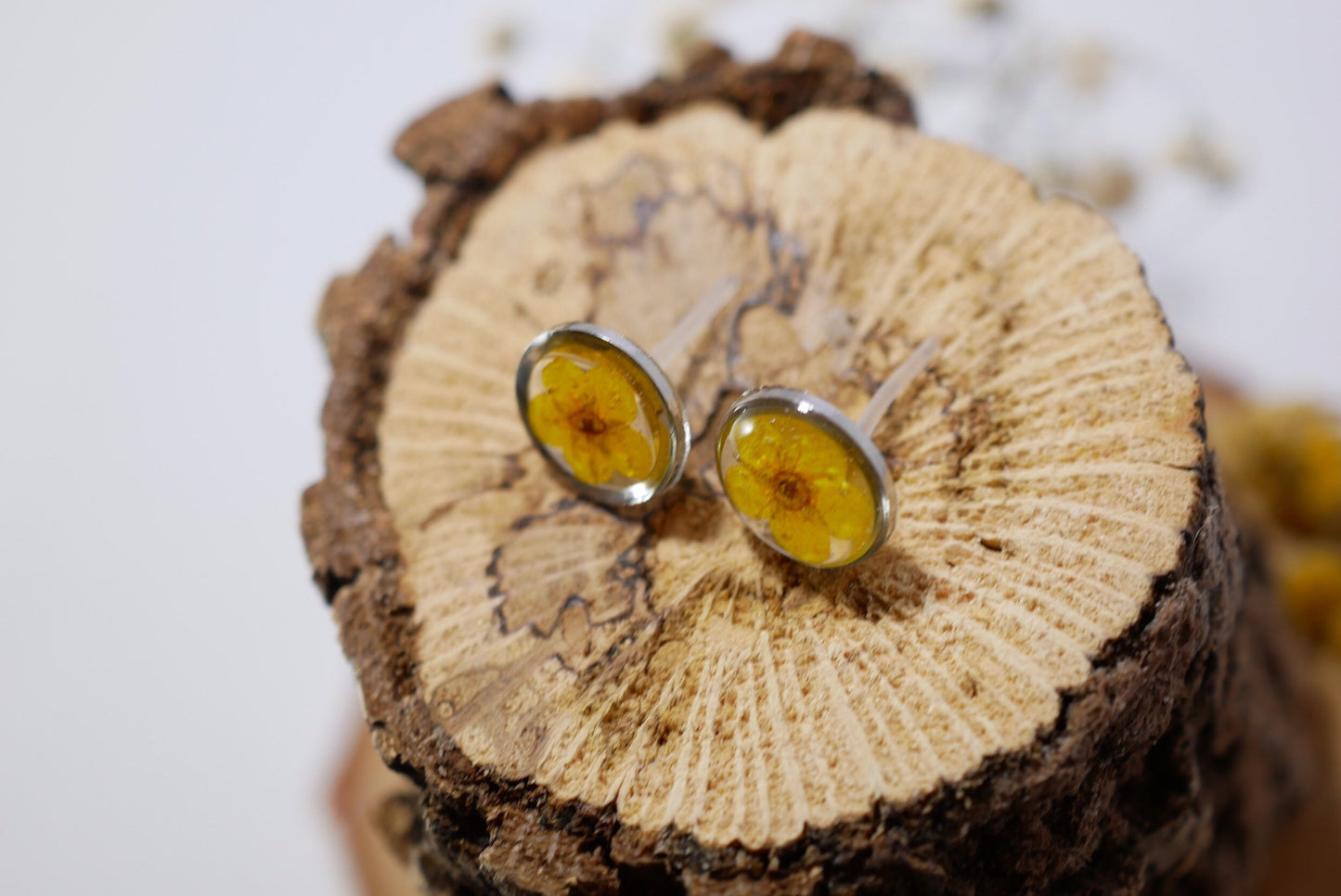 Yellow pressed flower earrings, botanical stud earrings, Pressed flower jewelry, bridal terrarium earrings