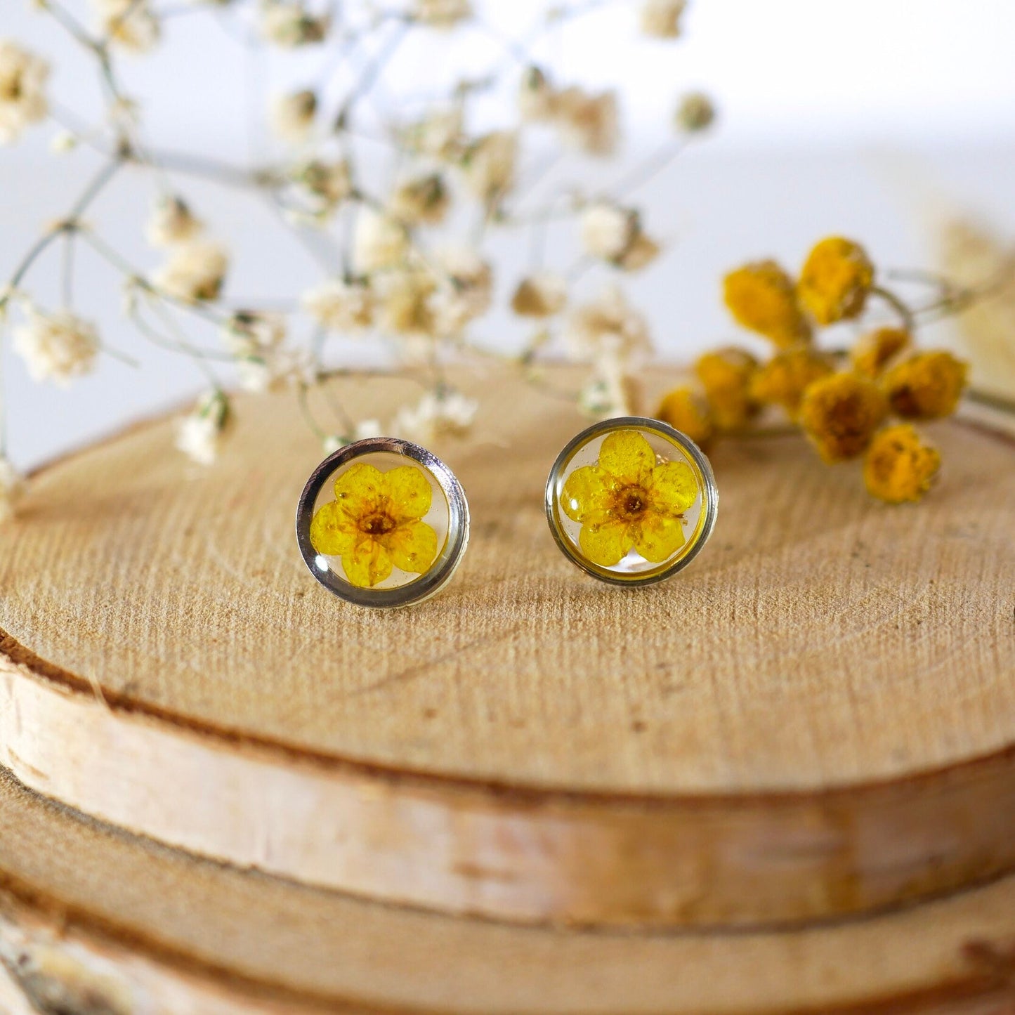 Yellow pressed flower earrings, botanical stud earrings, Pressed flower jewelry, bridal terrarium earrings