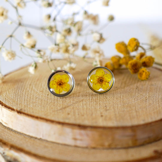 Yellow pressed flower earrings, botanical stud earrings, Pressed flower jewelry, bridal terrarium earrings