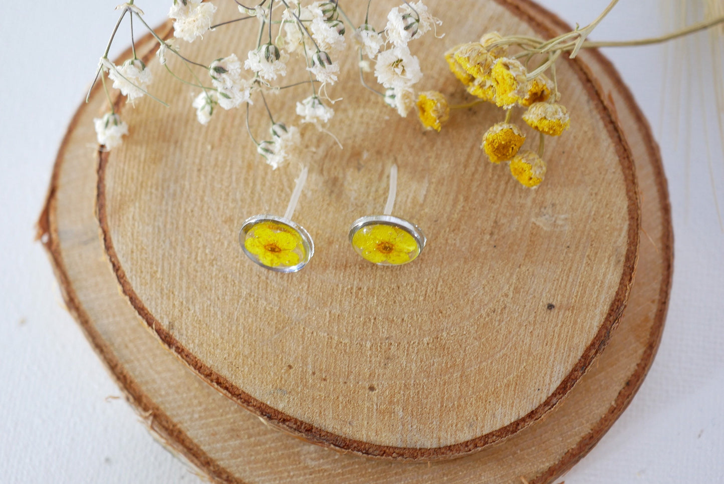 Yellow pressed flower earrings, botanical stud earrings, Pressed flower jewelry, bridal terrarium earrings