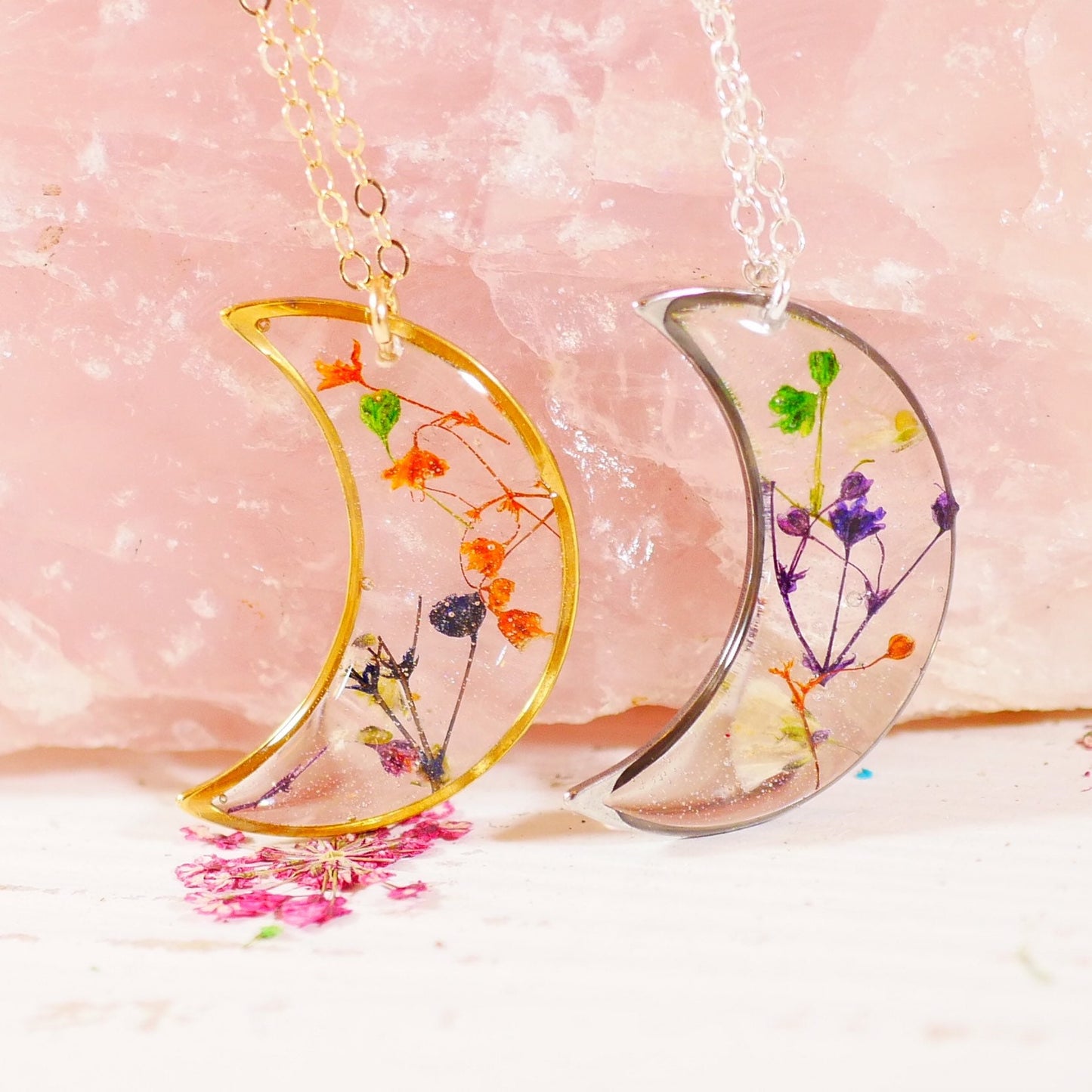 Colorful Pressed Baby’s Breath Moon Pendant Necklace – Sterling Silver or Gold-Filled with Hand-Dyed Flowers in Resin