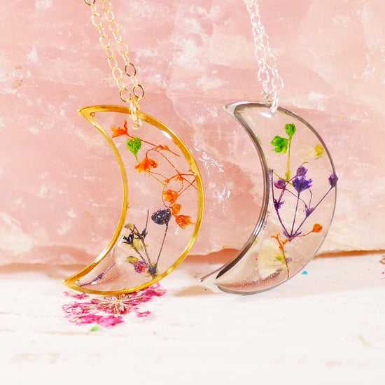 Colorful Pressed Baby’s Breath Moon Pendant Necklace – Sterling Silver or Gold-Filled with Hand-Dyed Flowers in Resin