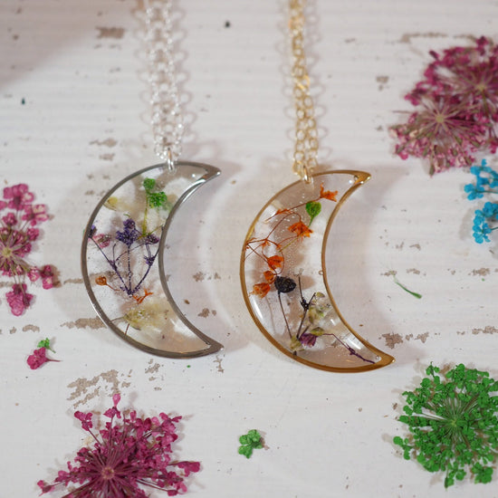 Colorful Pressed Baby’s Breath Moon Pendant Necklace – Sterling Silver or Gold-Filled with Hand-Dyed Flowers in Resin