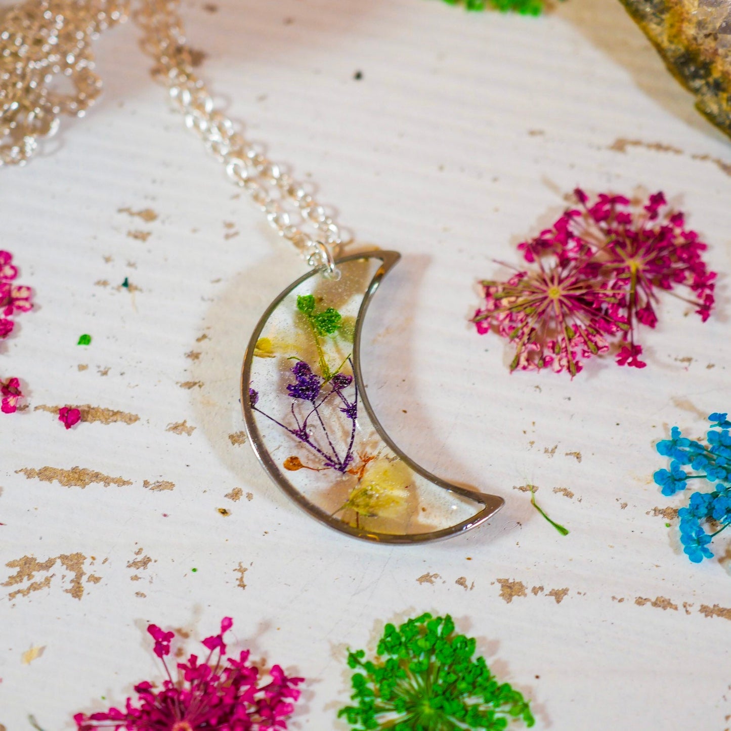 Colorful Pressed Baby’s Breath Moon Pendant Necklace – Sterling Silver or Gold-Filled with Hand-Dyed Flowers in Resin
