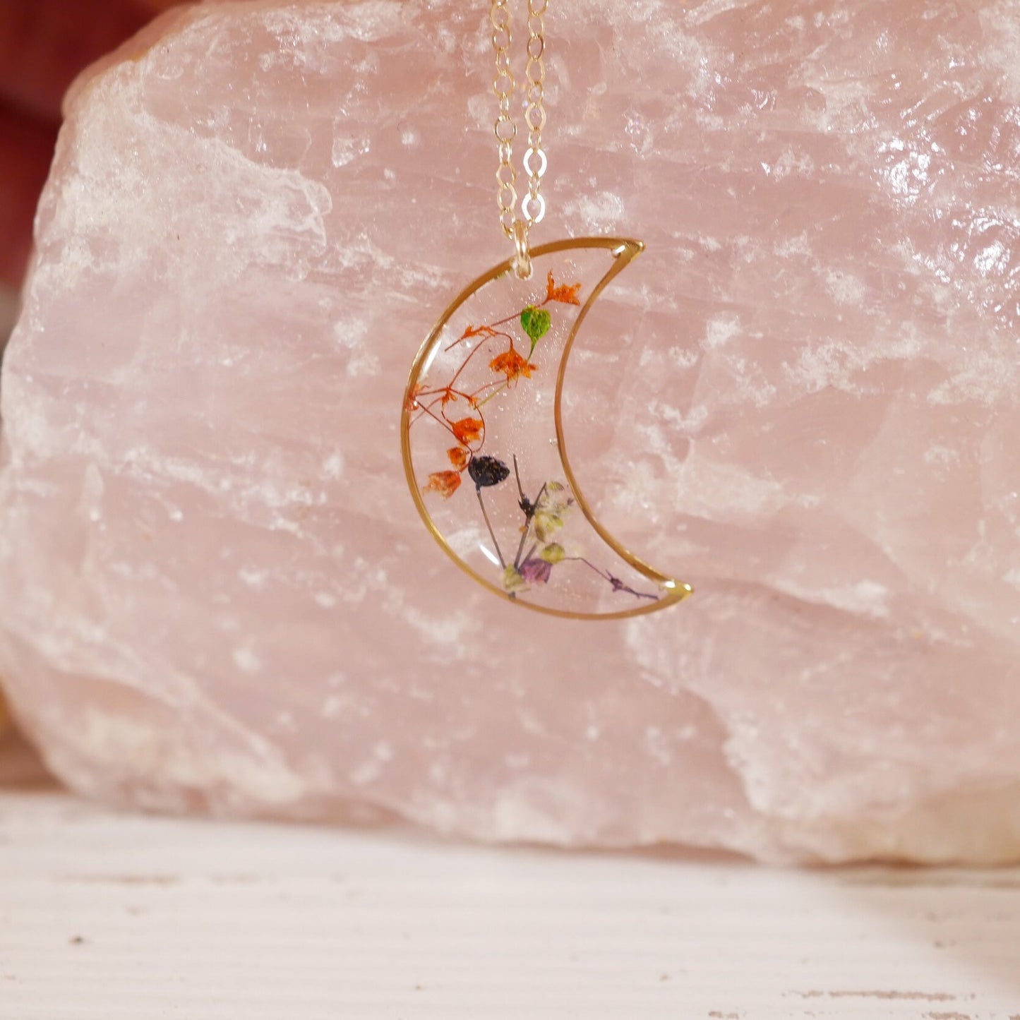 Colorful Pressed Baby’s Breath Moon Pendant Necklace – Sterling Silver or Gold-Filled with Hand-Dyed Flowers in Resin