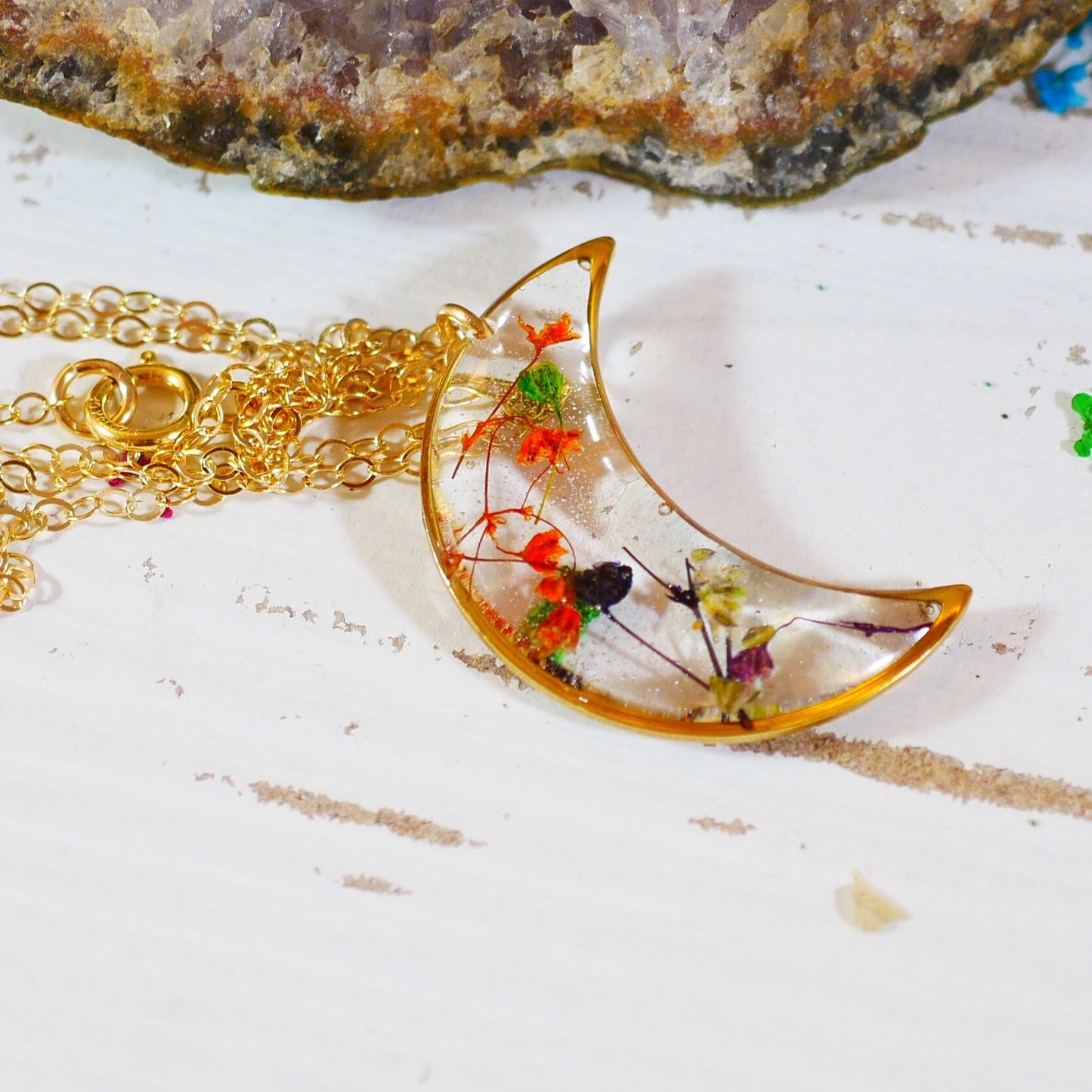 Colorful Pressed Baby’s Breath Moon Pendant Necklace – Sterling Silver or Gold-Filled with Hand-Dyed Flowers in Resin