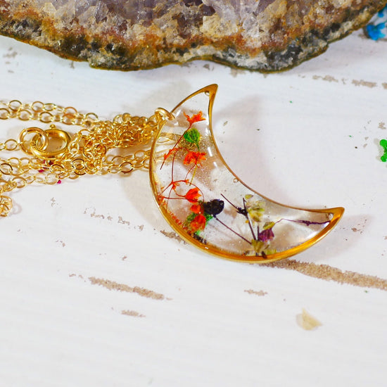 Colorful Pressed Baby’s Breath Moon Pendant Necklace – Sterling Silver or Gold-Filled with Hand-Dyed Flowers in Resin