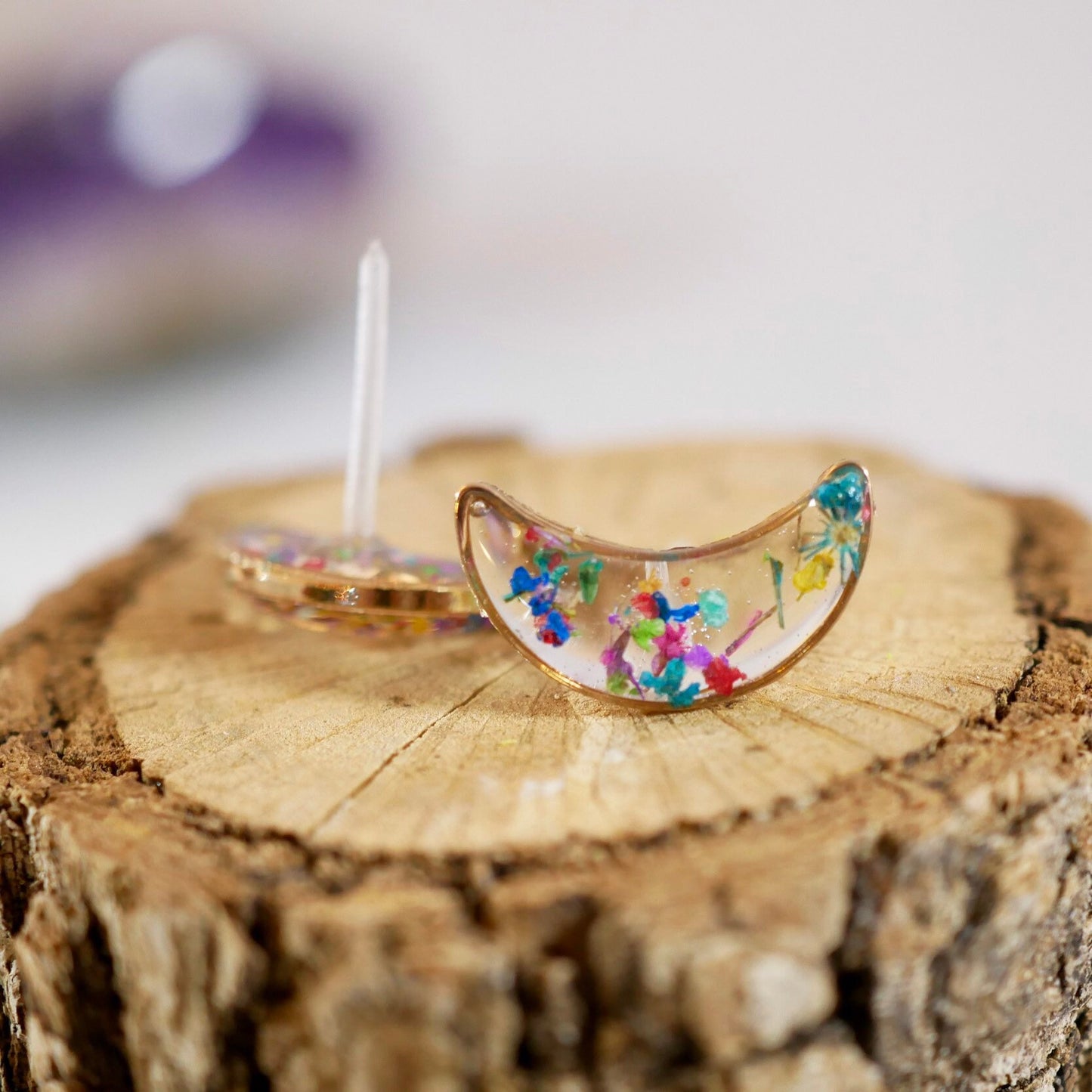 Tiny Gold Moon Studs, Pressed flower moon earrings, Celestial earrings, Dainty gold Crescent moon earrings, Real flower confetti