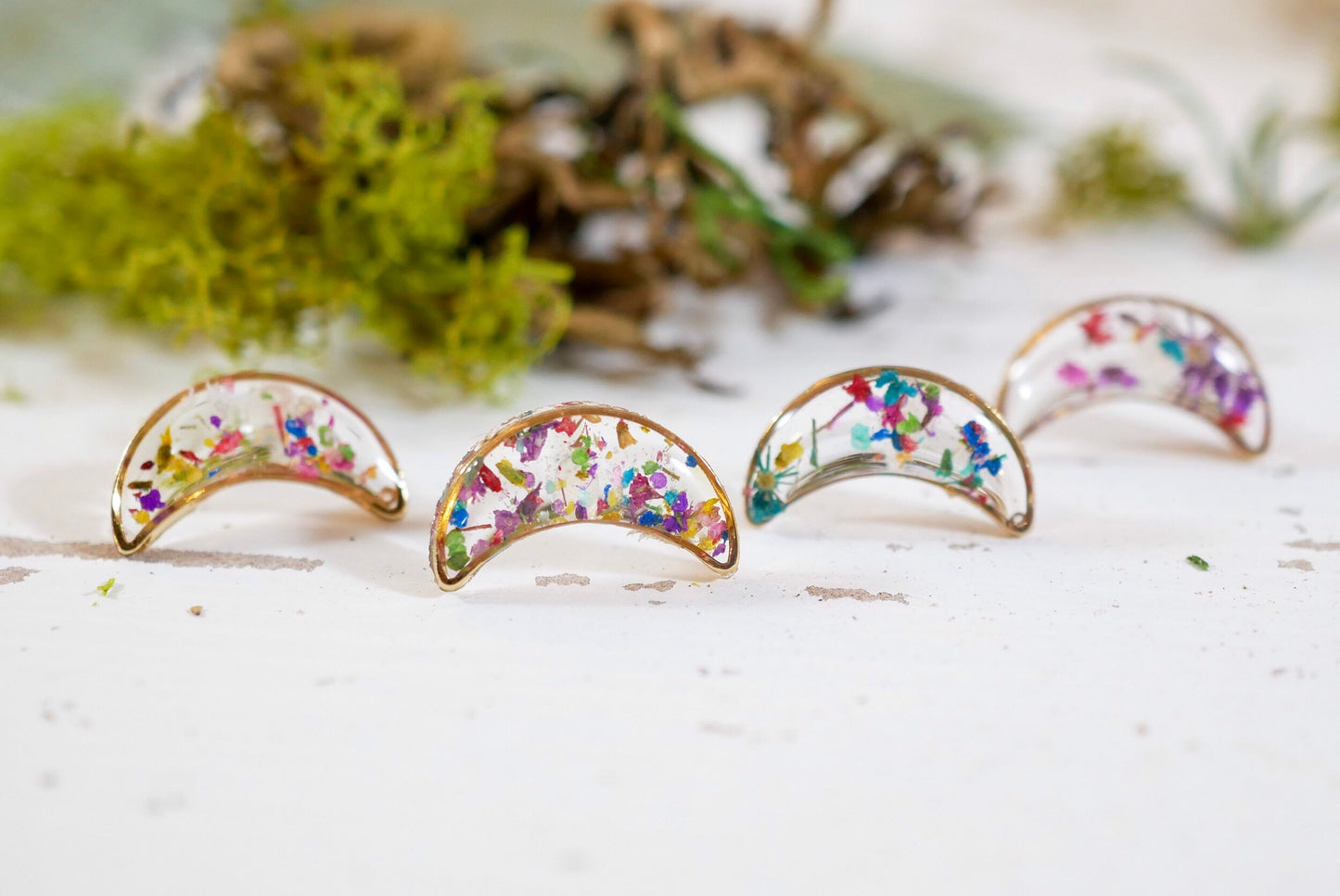 Tiny Gold Moon Studs, Pressed flower moon earrings, Celestial earrings, Dainty gold Crescent moon earrings, Real flower confetti