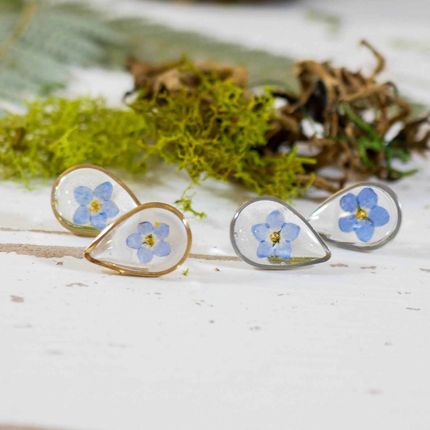 Dainty pressed flower studs, tiny teardrop forget me not stud earrings