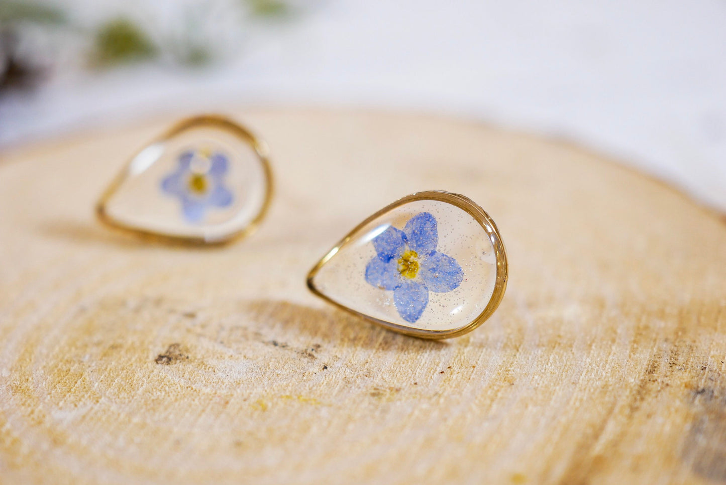 Dainty pressed flower studs, tiny teardrop forget me not stud earrings