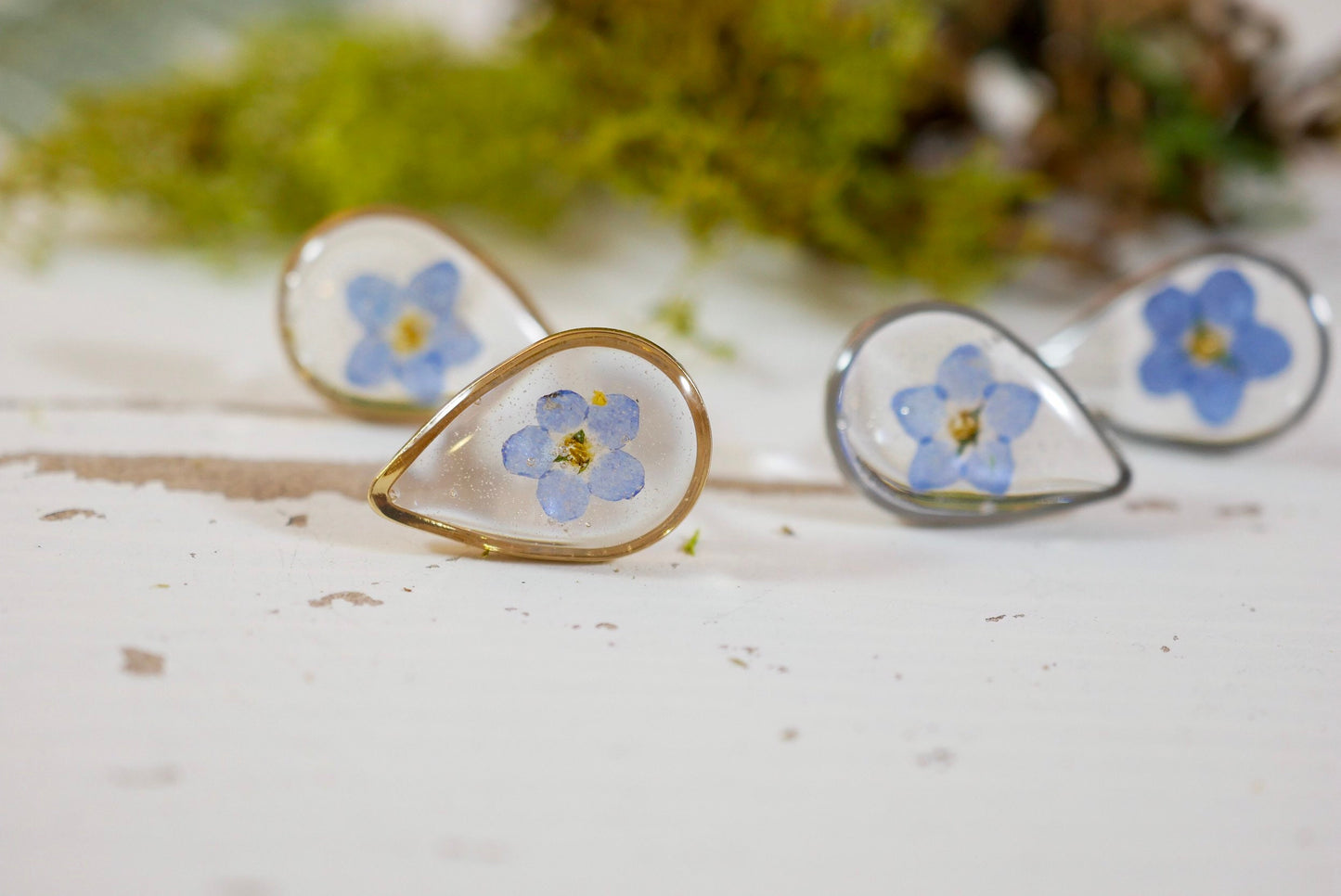 Dainty pressed flower studs, tiny teardrop forget me not stud earrings