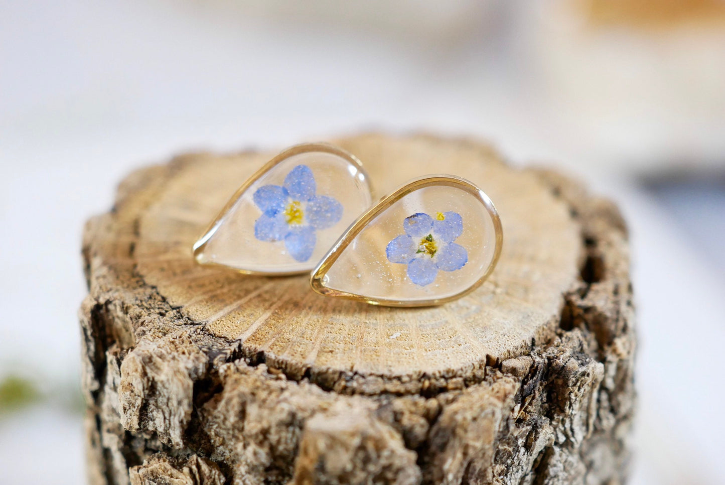 Dainty pressed flower studs, tiny teardrop forget me not stud earrings