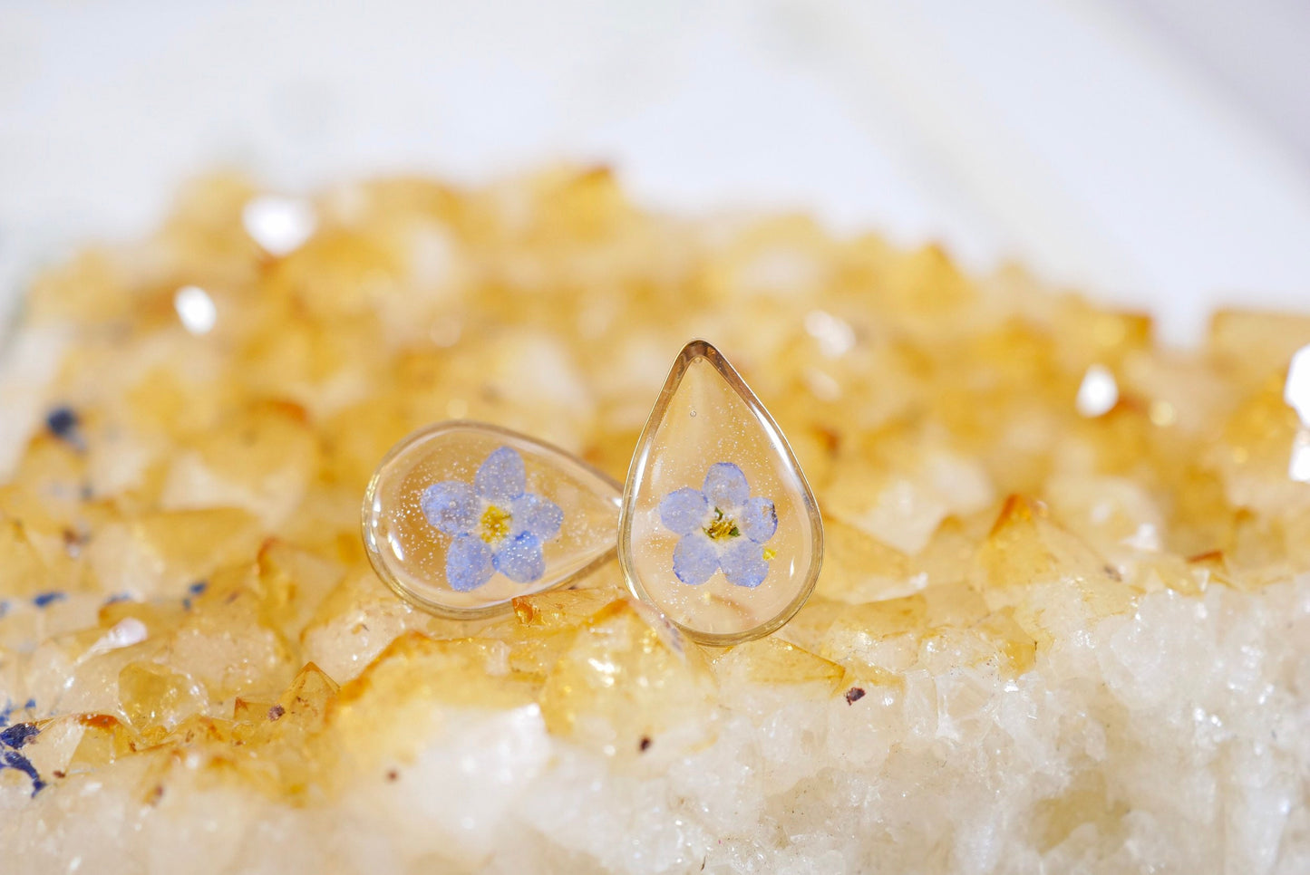 Dainty pressed flower studs, tiny teardrop forget me not stud earrings