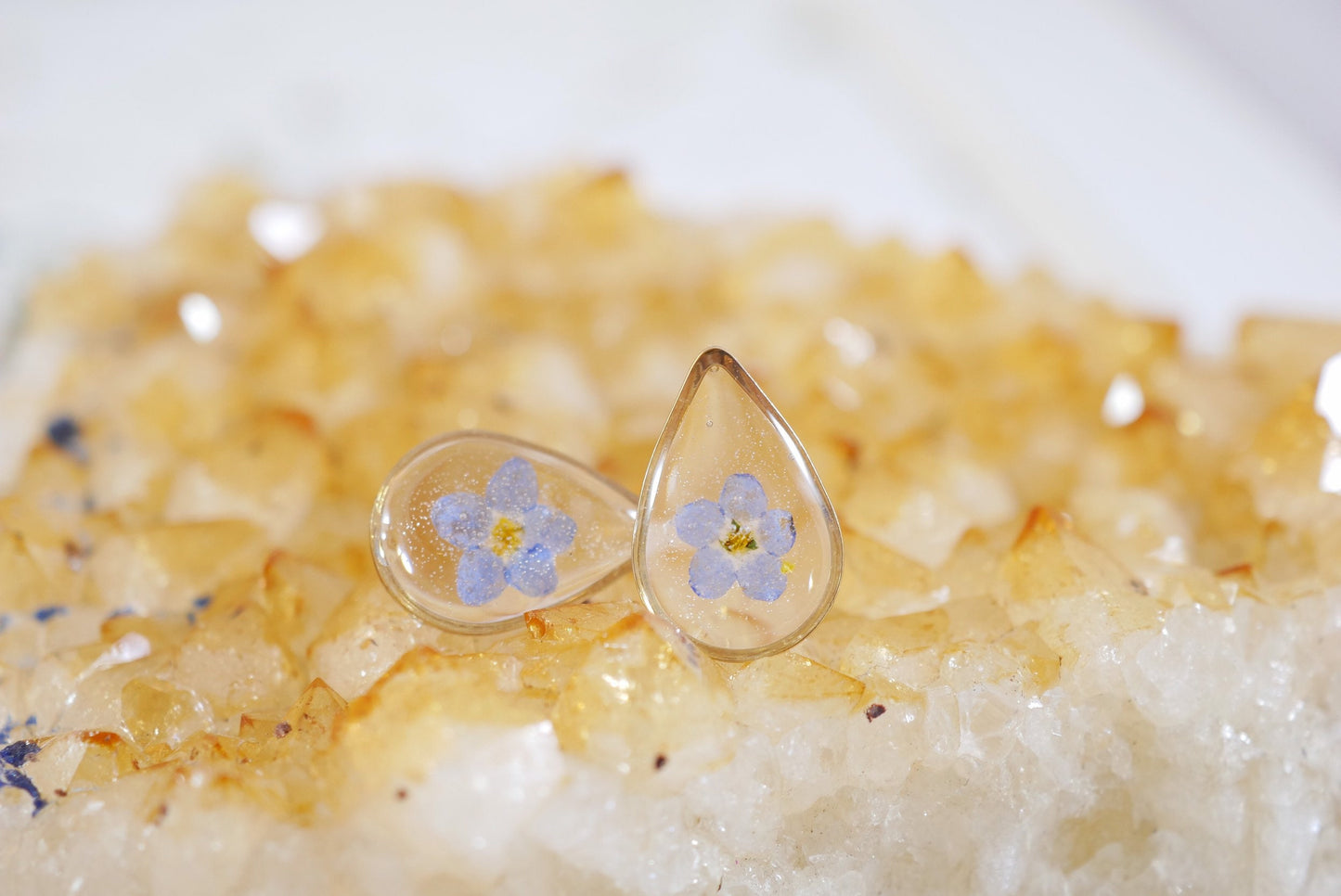 Dainty pressed flower studs, tiny teardrop forget me not stud earrings
